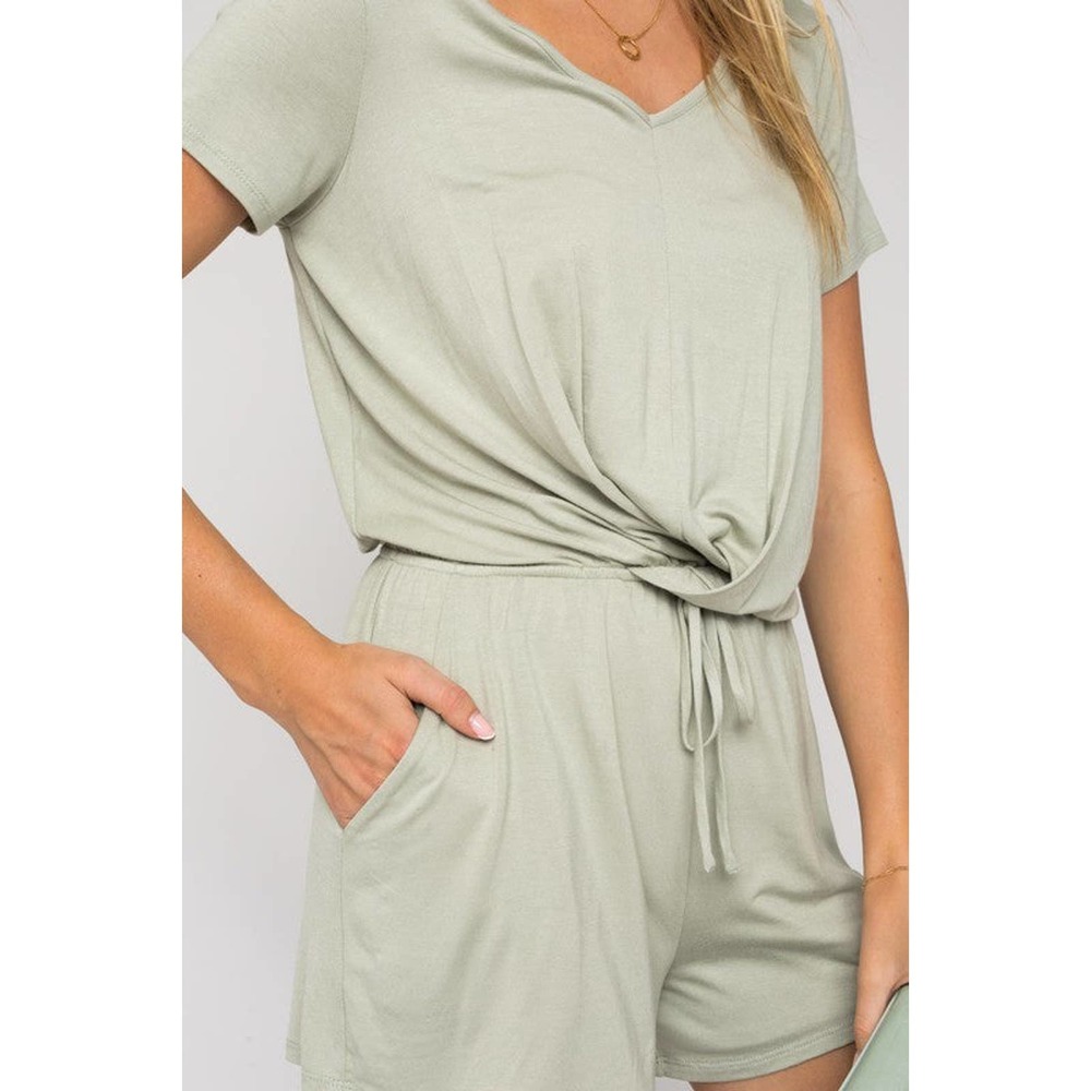 GILLI Short Sleeves V-Neckline Front Overlap Romper with Pockets in Sage - Picture 8 of 10